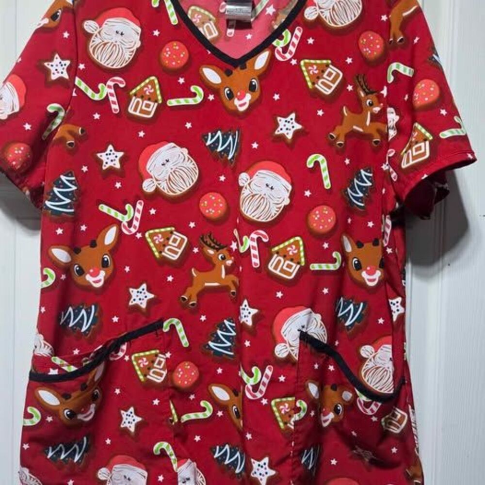 Rudolph Red Nose Reindeer women's Large scrub top